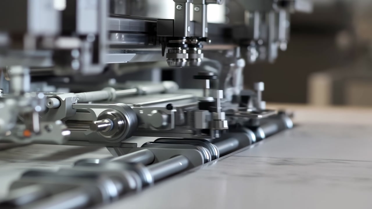 Closeup Conveyor Assembly Robot Head Gliding Over Stainless Rails, Precision Pickandplace Tooling, Visible