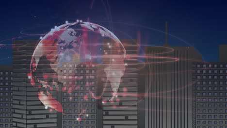 animation of rotating globe with glowing network of connections over cityscape