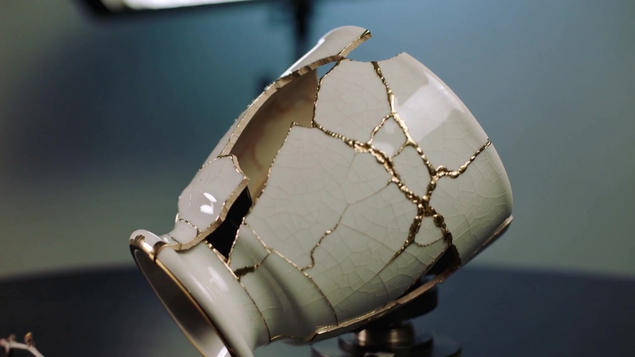 Suporte giratório virando uma xícara kintsugi rachada, exibindo as emendas de ouro em uma mesa redonda com um galho.
