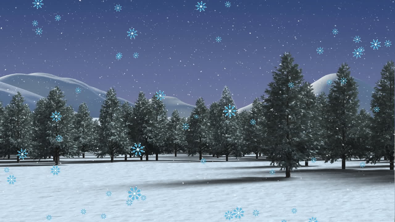 Animation of winter scenery with fir trees