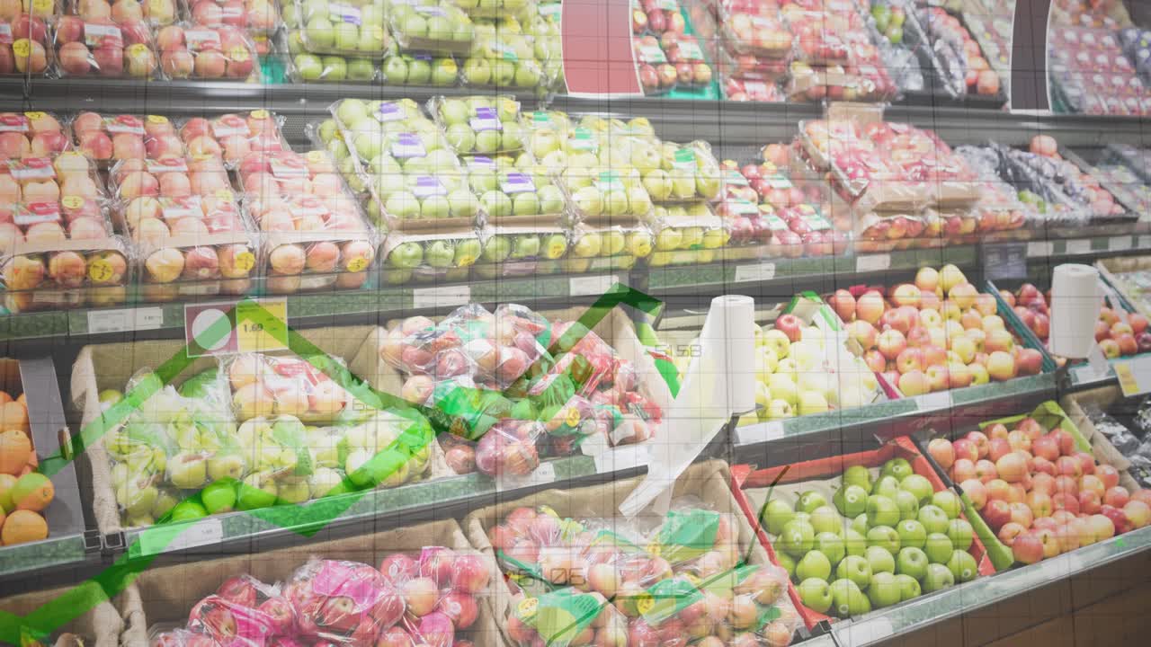 食料品店の棚に並んだ新鮮な果物を背景にした統計データ処理のアニメーション