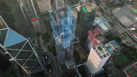 aerial top down shot of the henderson construction side during building phase with digital motion graphic - hong kong city in financial district