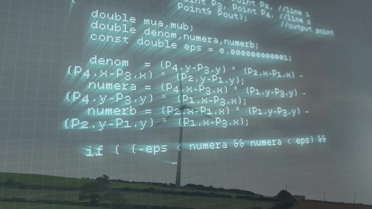 Scrolling C or C++ code overlay initiating geometry and HTTP parsing while turbine rotating on horiz