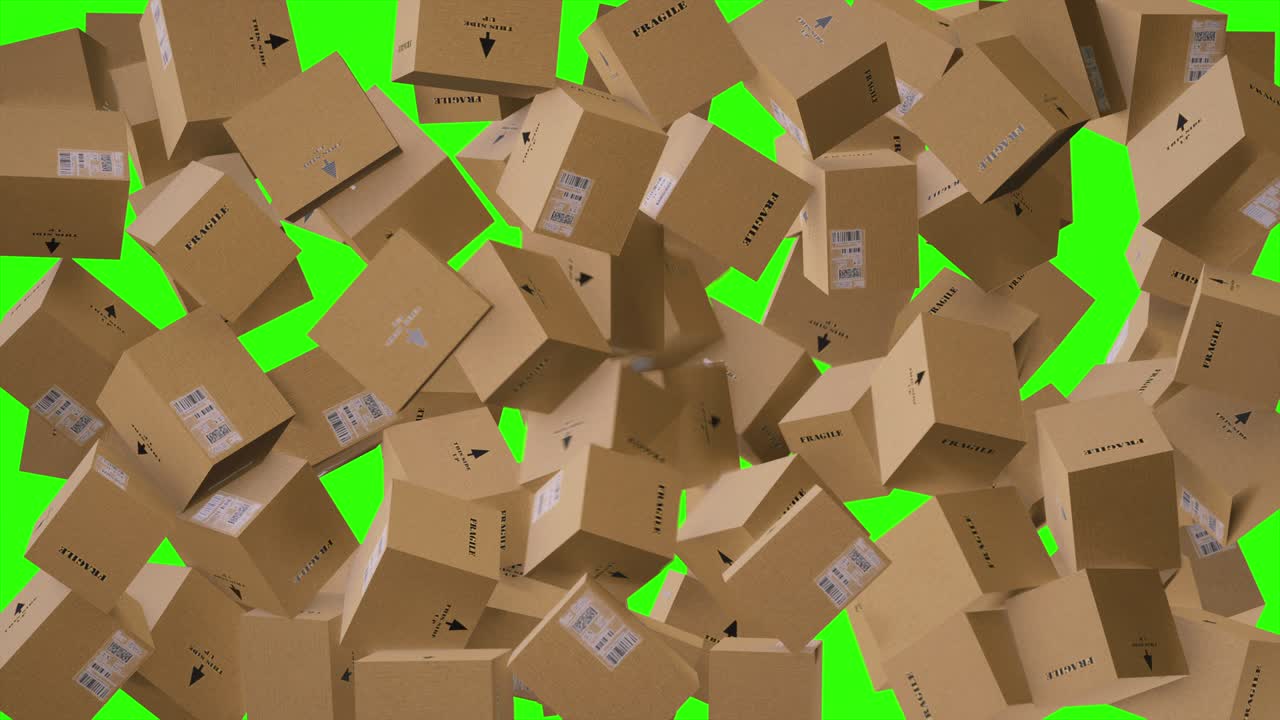 video en 4k de contenedores de papel de dibujos animados sobre un fondo verde.