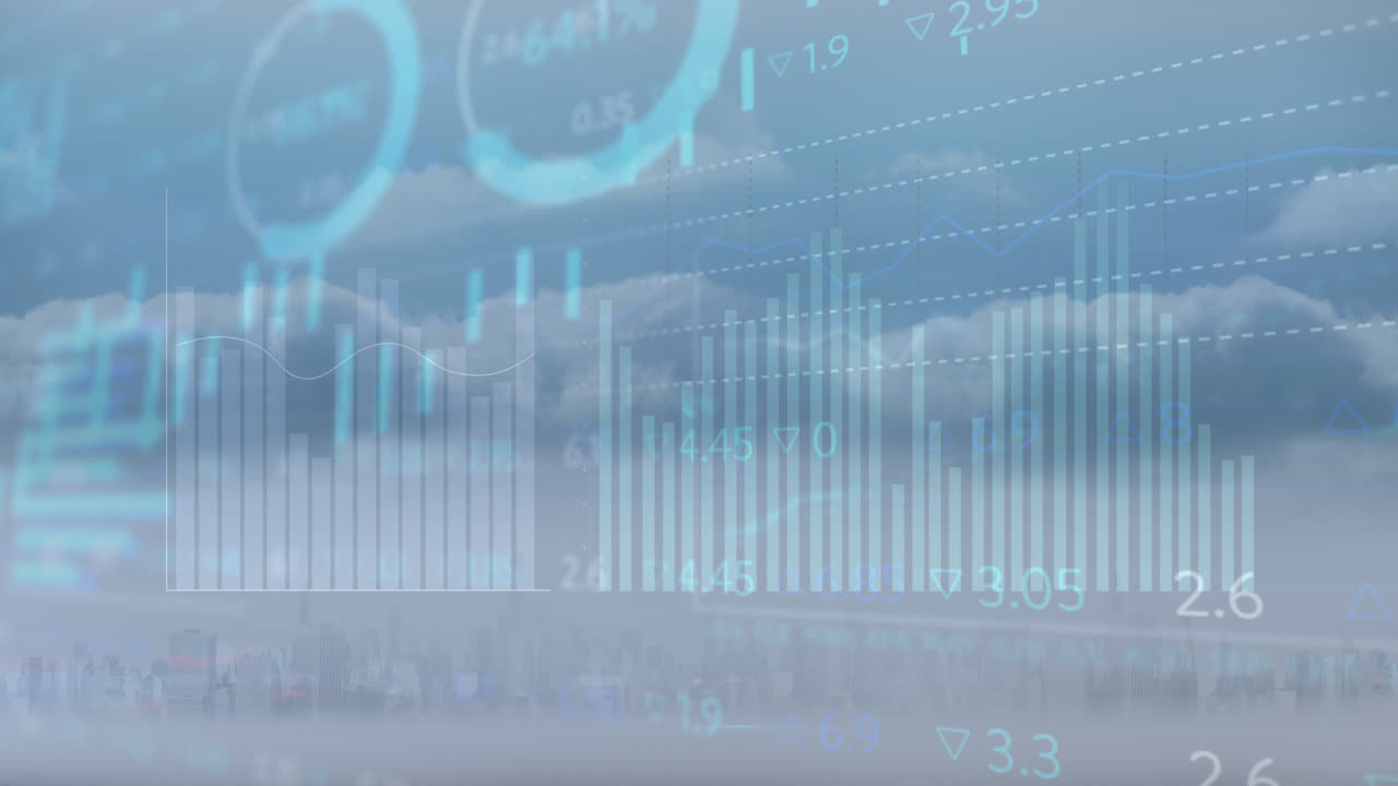 Animation of statistical data processing against clouds in the blue sky