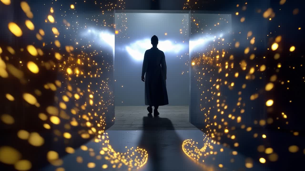 Una figura in silhouette cammina attraverso un tunnel di particelle dorate e luminose. Una luce lontana illumina il percorso davanti, morbida e misteriosa. Le particelle vorticano come stelle, indicando la strada.