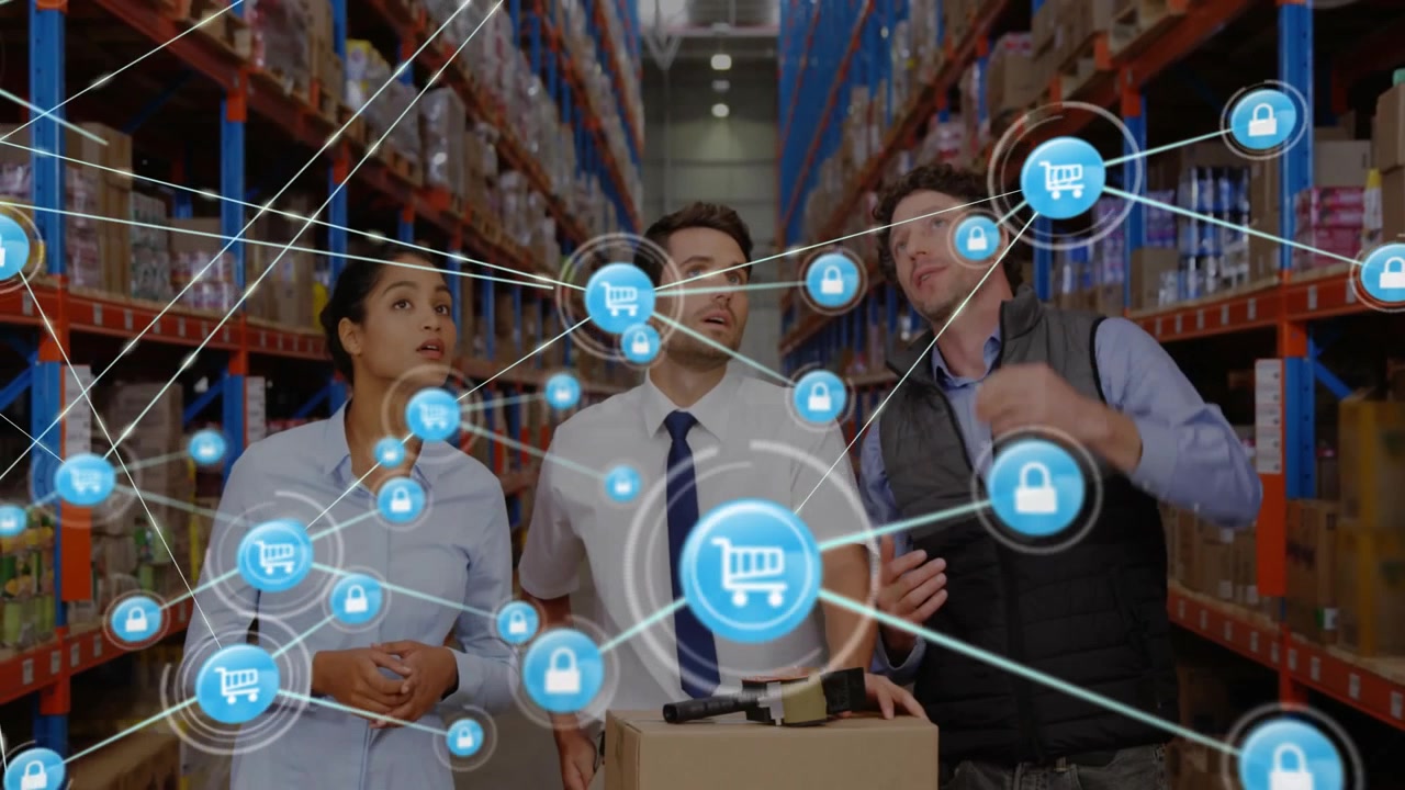 Animazione di rete di connessioni con icone su persone diverse che lavorano in magazzino