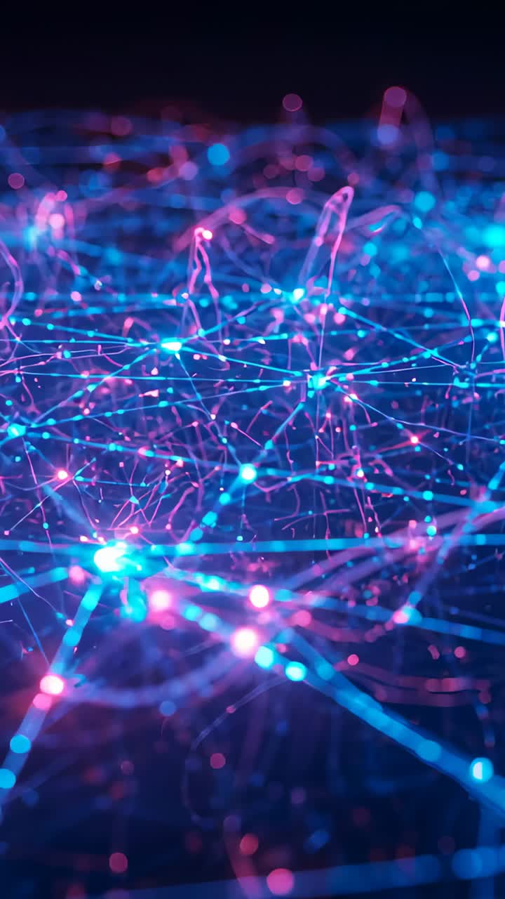 Vertical video: Panning camera drawing near neon mesh pulsing and showing major nodes in dark void