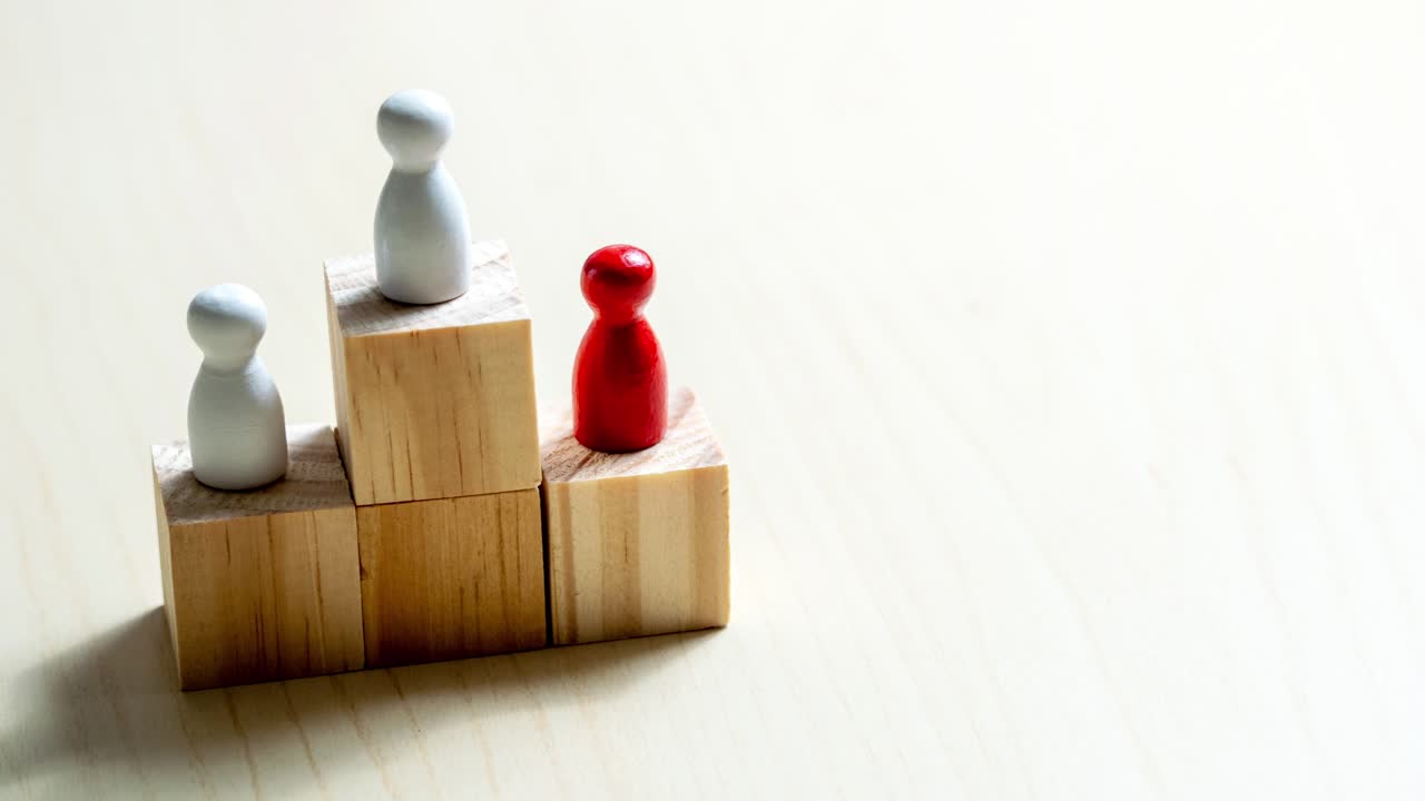 Zooming into success red and white figures compete a wooden platform in a minimalist setting