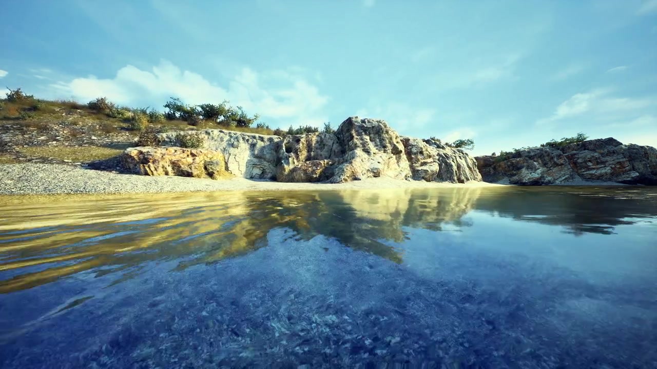 Scena acquatica tranquilla: laguna serena che riflette un vivace paesaggio di scogliere.