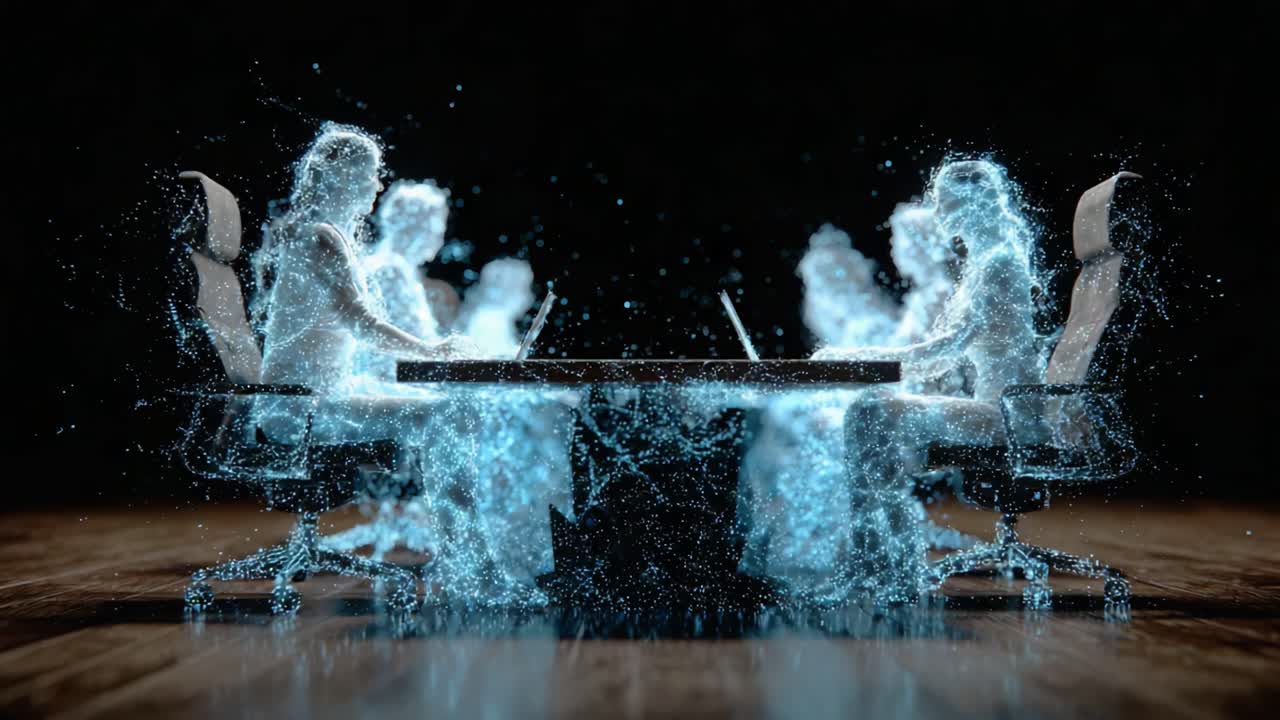 Virtual Collaboration: A Glimpse into the Future of Digital Meetings with Ethereal Figures Engaging in a High-Tech Workspace Environment