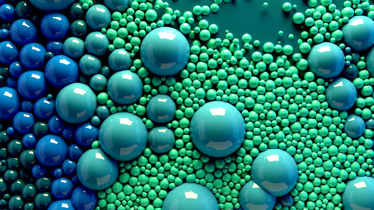 4k 3d 애니메이션: 구와 공의 다채로운 무지개, 유기적인 모션 배경, 거품의 상단 뷰, 다채로운 페인트