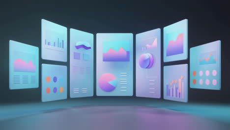 futuristic data visualization panels with charts and graphs