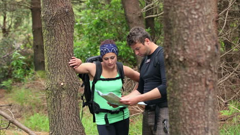 pareja en forma explorando un área boscosa leyendo un mapa