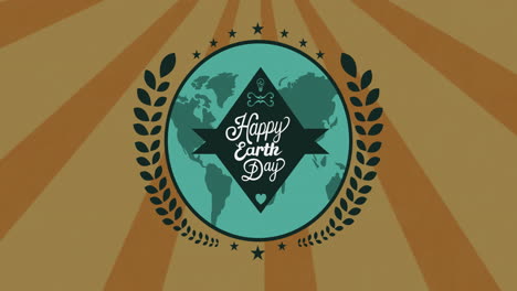 animation of happy earth day text on blue globe with leaves over radial brown stripes