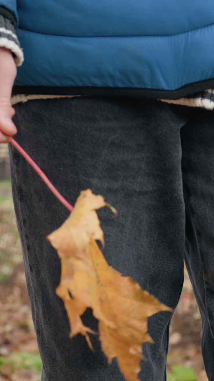 vista de ángulo inferior de un niño de pie sosteniendo una bolsa de papel marrón con una hoja de otoño en la mano derecha, girándola en el sentido de las agujas del reloj y en el sentido contrario, con un fondo borroso de la valla de la barra y las hojas caídas