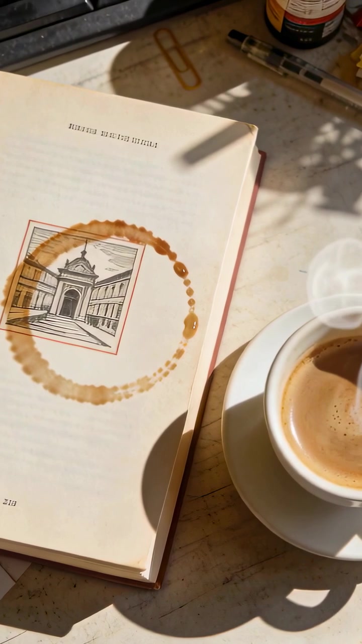 Video verticale: Panoramica su un libro con un segno di tazza di caffè su uno schizzo di design sulla scrivania, una mano mescola una tazza per sorseggiare.