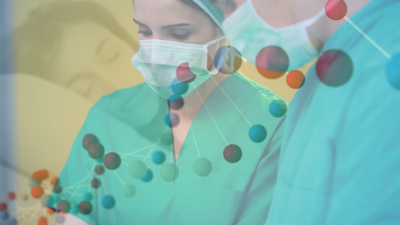 Animation of dna rotating over caucasian female and male doctors during operation