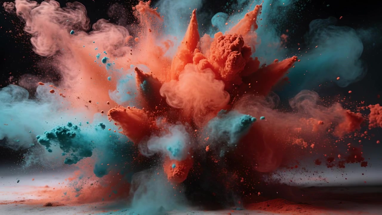 Bursting after staged release for camera capture, orange and cyan powder cloud expanding, settling
