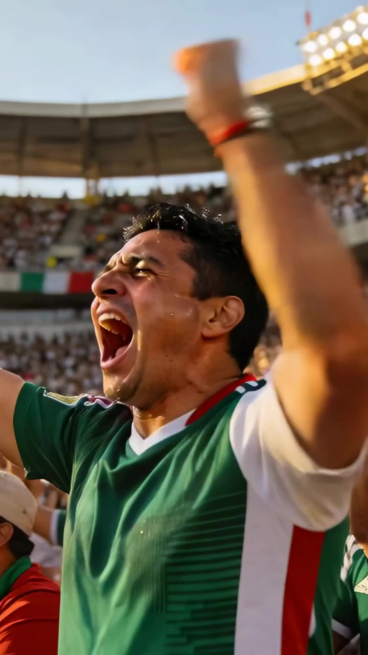 Video vertical: Aficionado con camiseta verde reaccionando al sol en las gradas, animando a su equipo en el estadio.