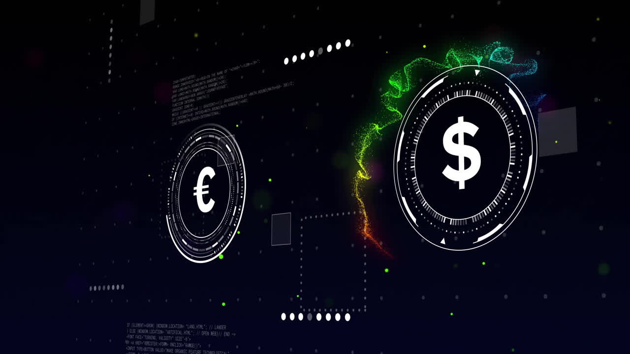 Animation of currency symbols with data processing over light spots on black background