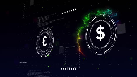 animation of currency symbols with data processing over light spots on black background