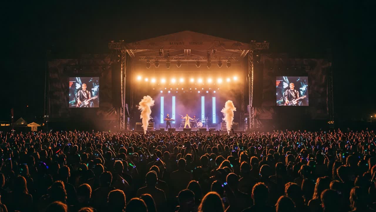Dynamic Live Performance Captivating a Sea of Fans at Night with Striking Visual Effects and Enthralling Music on Stage, Creating Unforgettable Memories Together