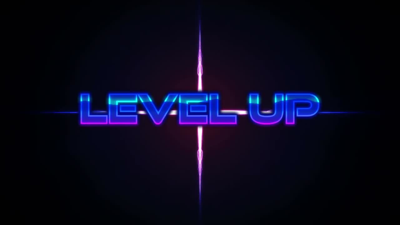 보라색 빛나는 모양 위에 레벨 업 텍스트의 애니메이션