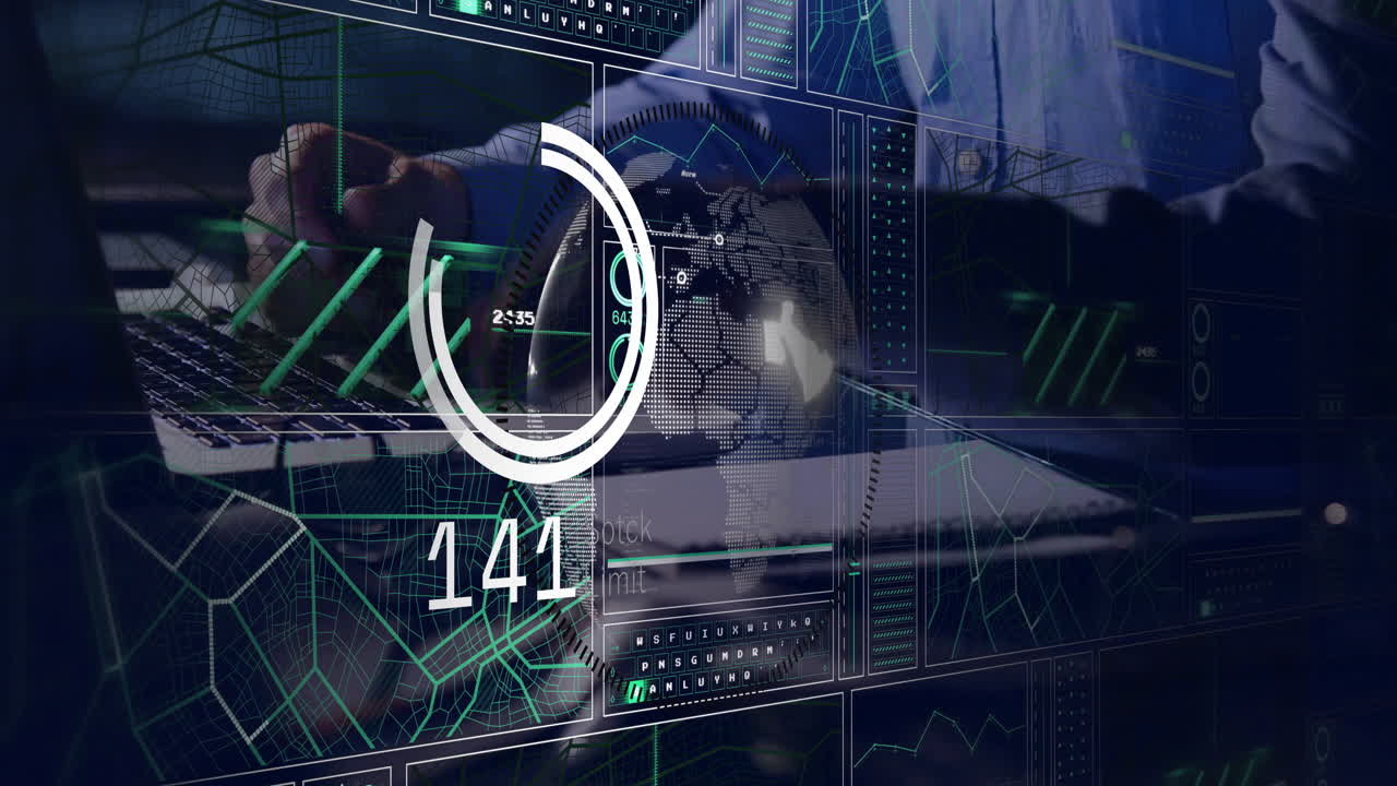 Male professional typing on laptop in tech workspace, showing interactive map, progress chart