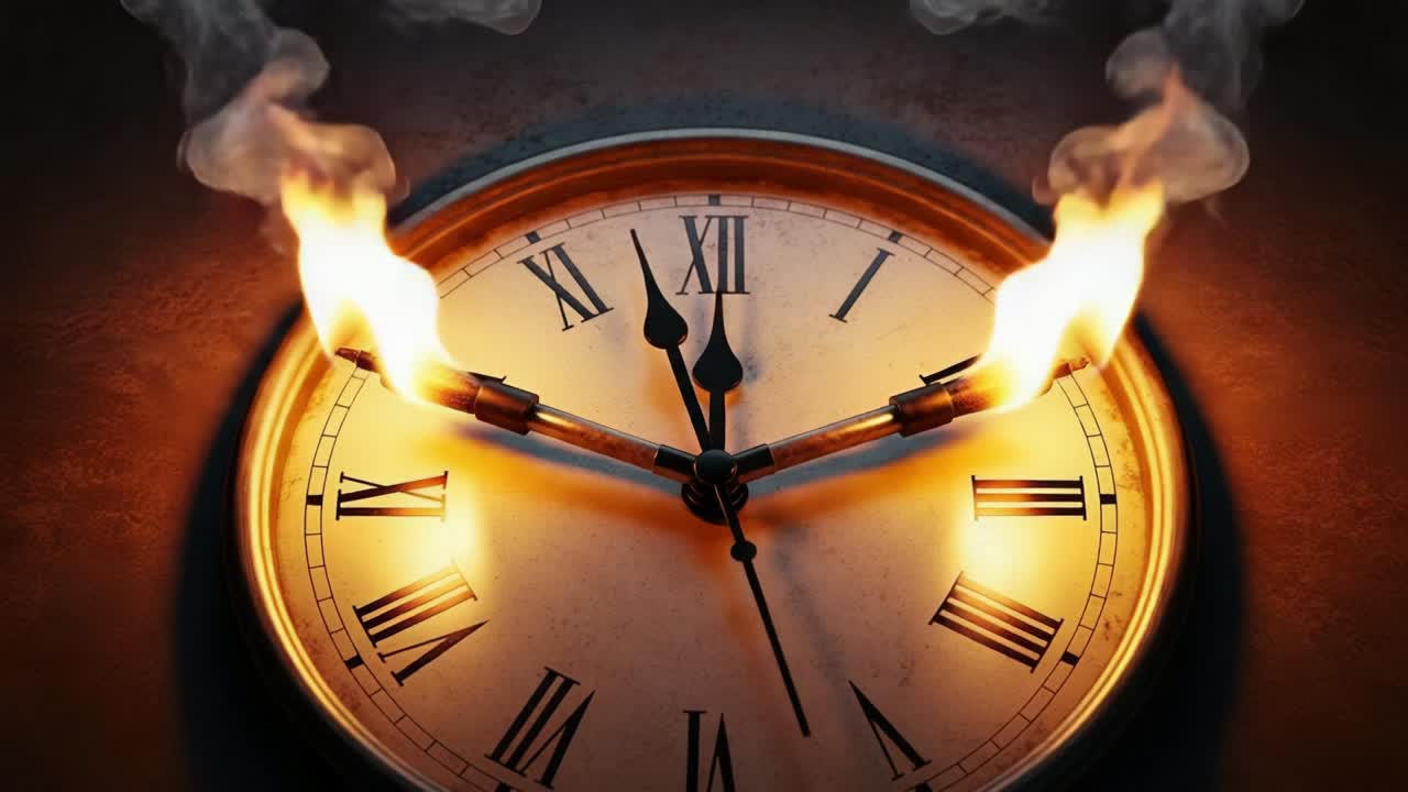 Un orologio in fiamme: una rappresentazione artistica del tempo e della trasformazione con mani fiammeggianti che significano urgenza e cambiamento