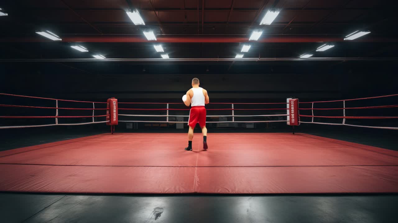 Ripresa video dinamica ad angolo basso di un pugile che entra in un ring scarsamente illuminato, enfatizzando l'attesa.