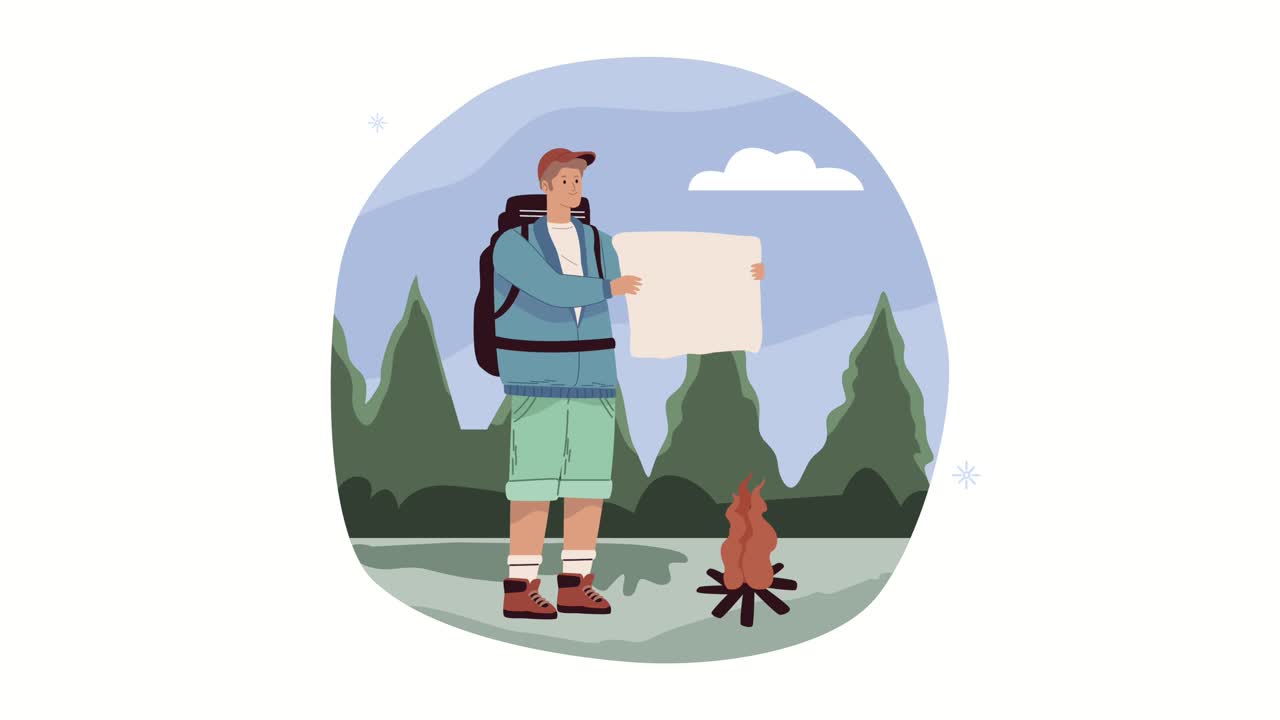 male camper withy map and campfire animation