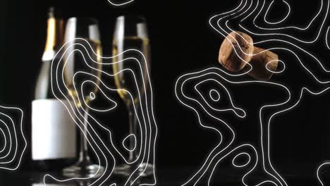 Animation-of-white-lines,-champagne-bottle,-two-champagne-glasses-and-cork-falling