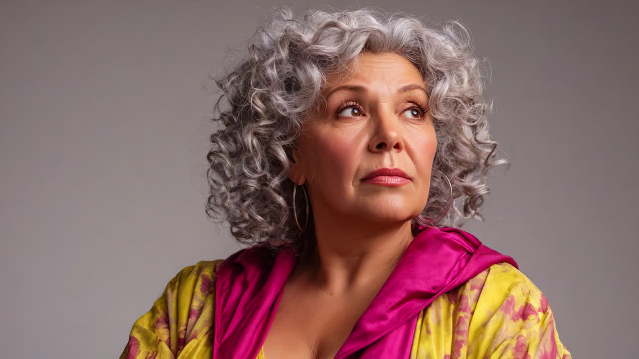 Elegante ritratto di una donna sicura di sé con capelli ricci e abbigliamento vivace, che cattura la sua eleganza e il suo stile unico in un sofisticato studio fotografico