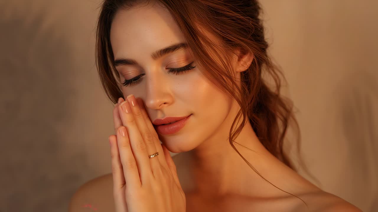 In risposta al suggerimento della camera, modella senza spalline che apre gli occhi e sposta lo sguardo in studio, anello visibile