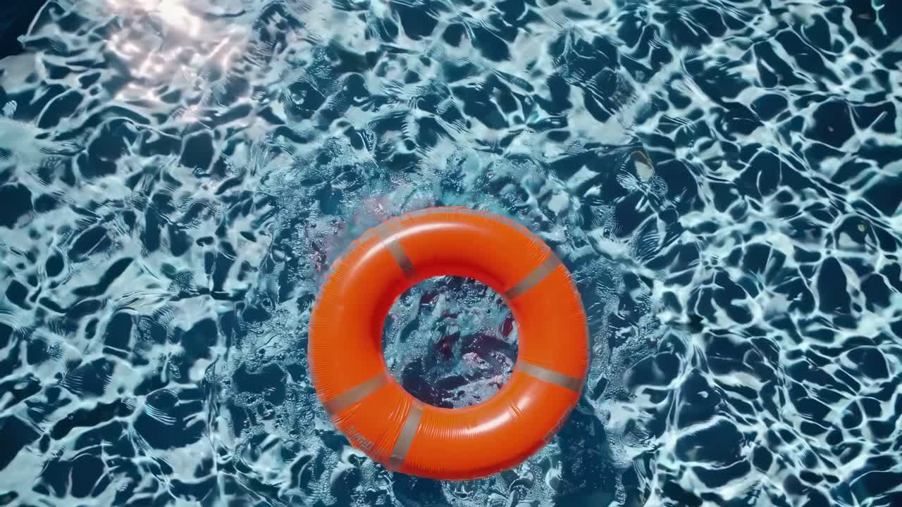 The video captures a vibrant orange lifebuoy floating in a shimmering pool, emphasizing summer