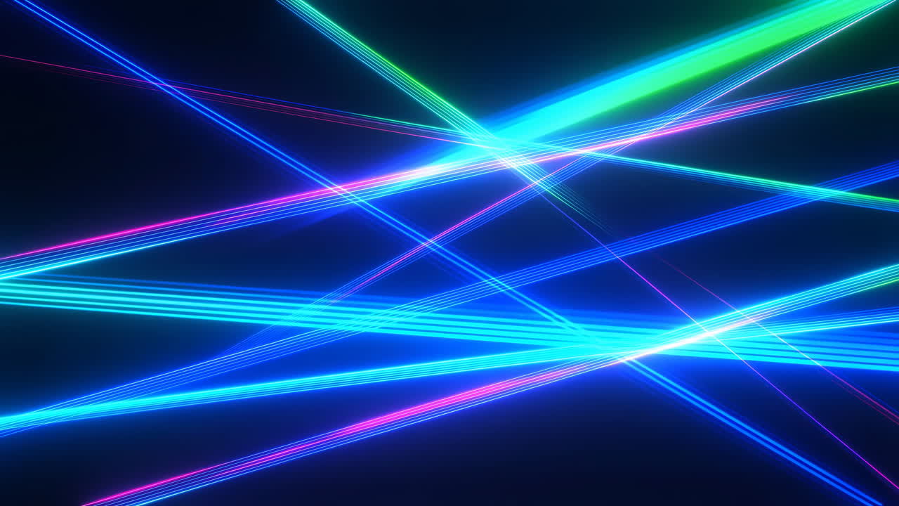 Fasci di luce neon astratti che si intersecano su sfondo scuro
