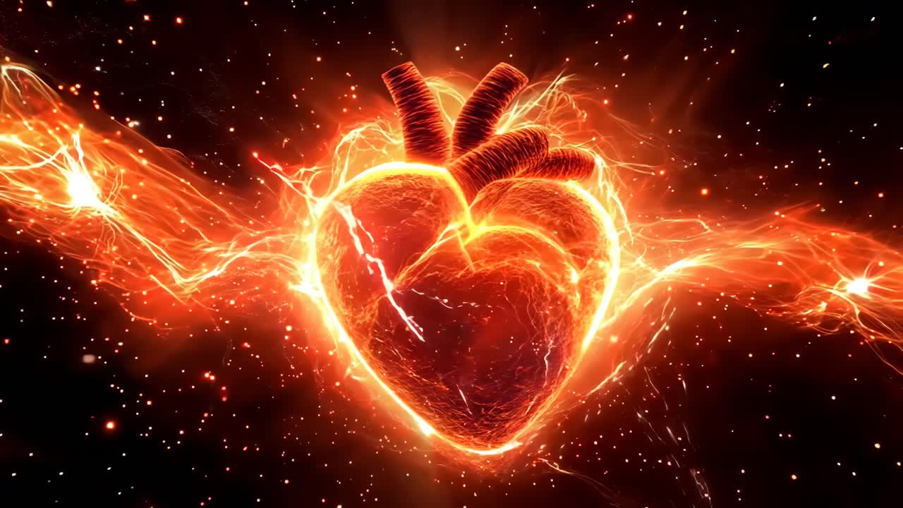 A heart is shown in a fiery red color. The heart is surrounded by a wave of fire, which gives the impression of a burning heart. Concept of passion, love, and intensity
