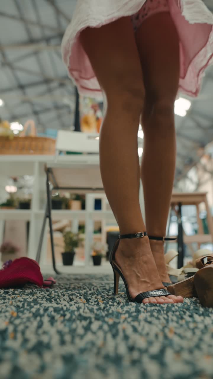 A woman wearing sandals and a dress