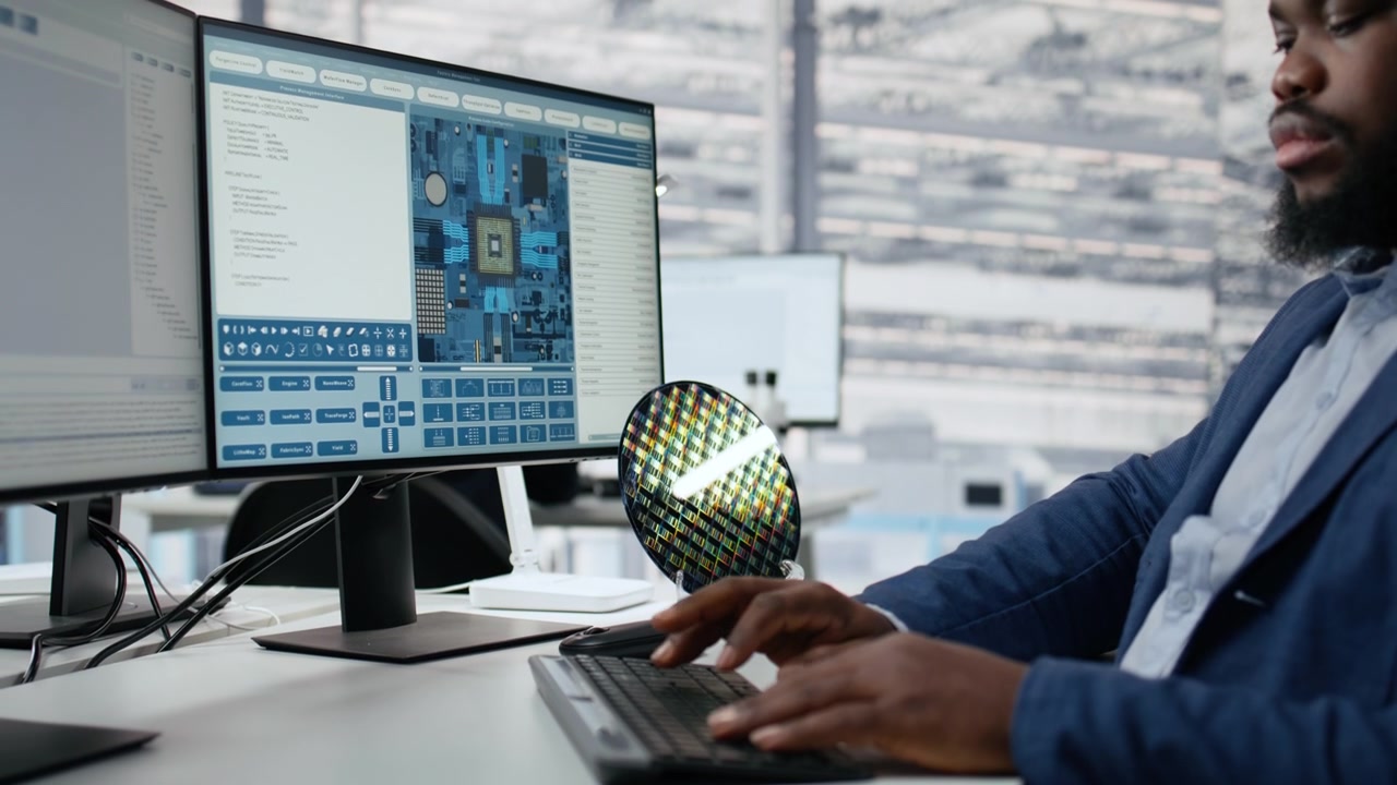 African American Engineer Working on Computer with Silicon Wafer