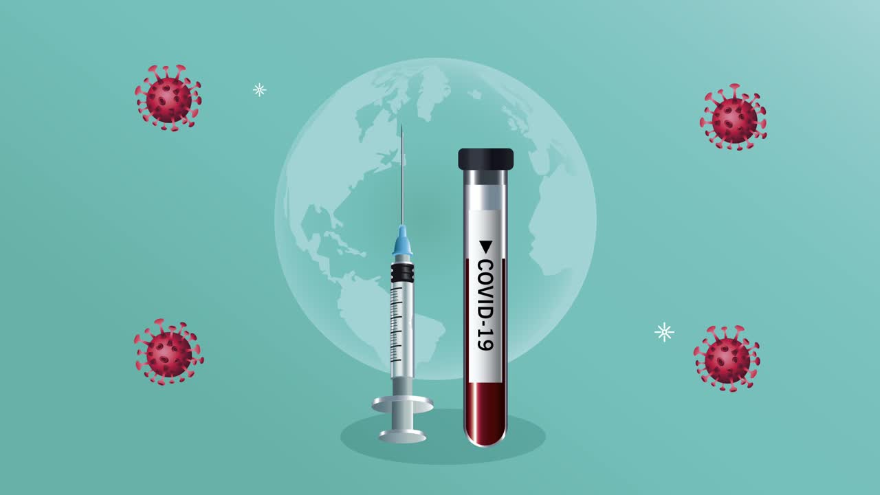 partículas de covid-19 con vial de vacuna y inyección