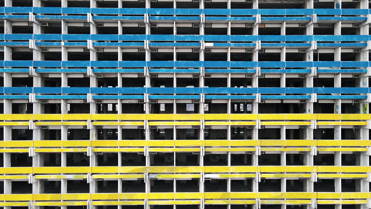 National Hotel painted in Ukraine flag. No War writtten on top