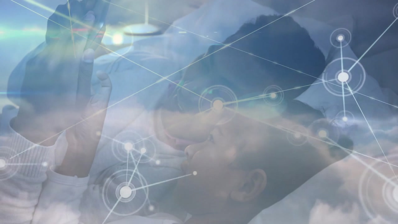 Man holding smartphone above face in bedroom, spawning digital nodes forming cloud tech network