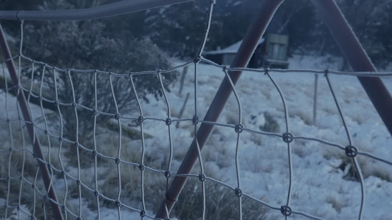 Frost-covered wire fence in a winter landscape