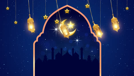 ramadan night sky with mosques and lanterns