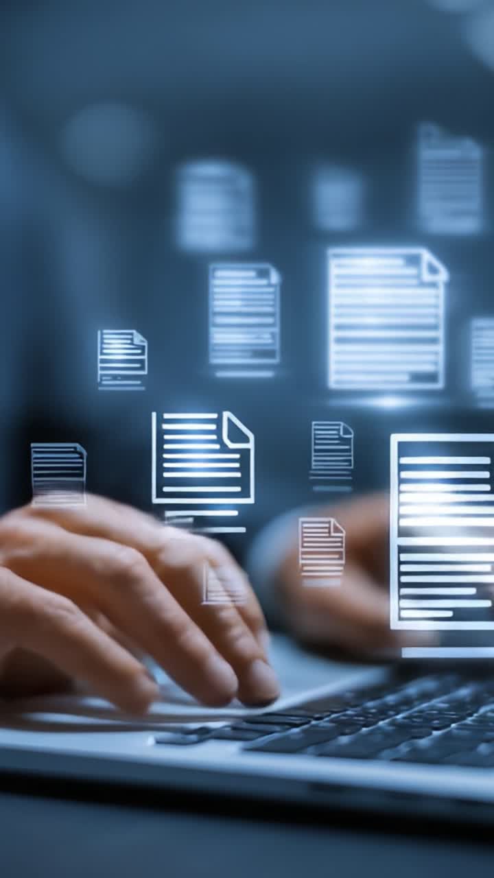 A Professional Engaging with Digital Documents on a Modern Laptop, Featuring Floating Paper Icons for Enhanced Document Management and Organization