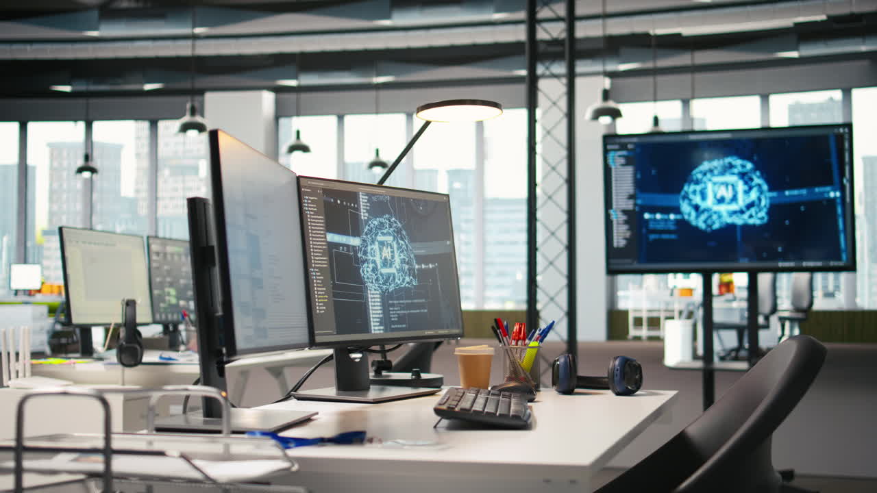 Empty Startup Office With Neural Networks Program Running On Pc
