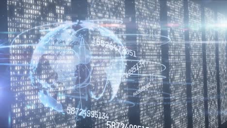 animation of data processing, numbers and globe on black background