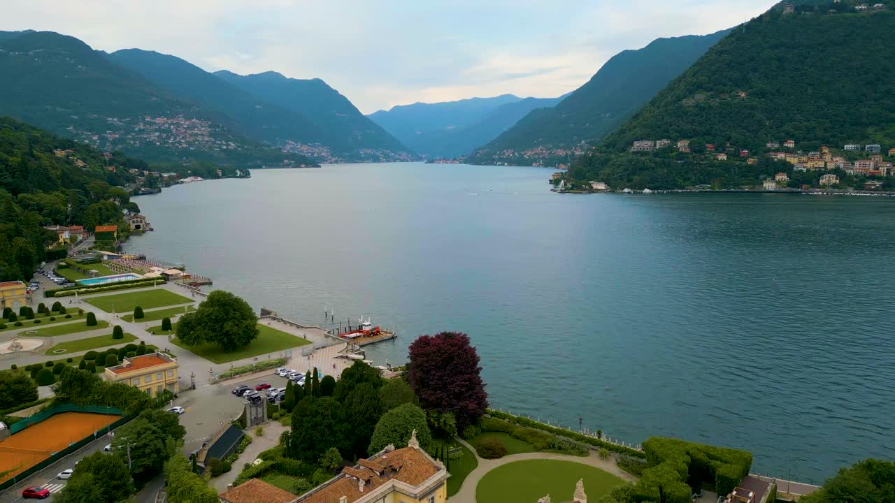 4K Aerial Drone Video of the Beautiful Lakeside Gardens of Villa Olmo on Lake Como, Italy in the Summer