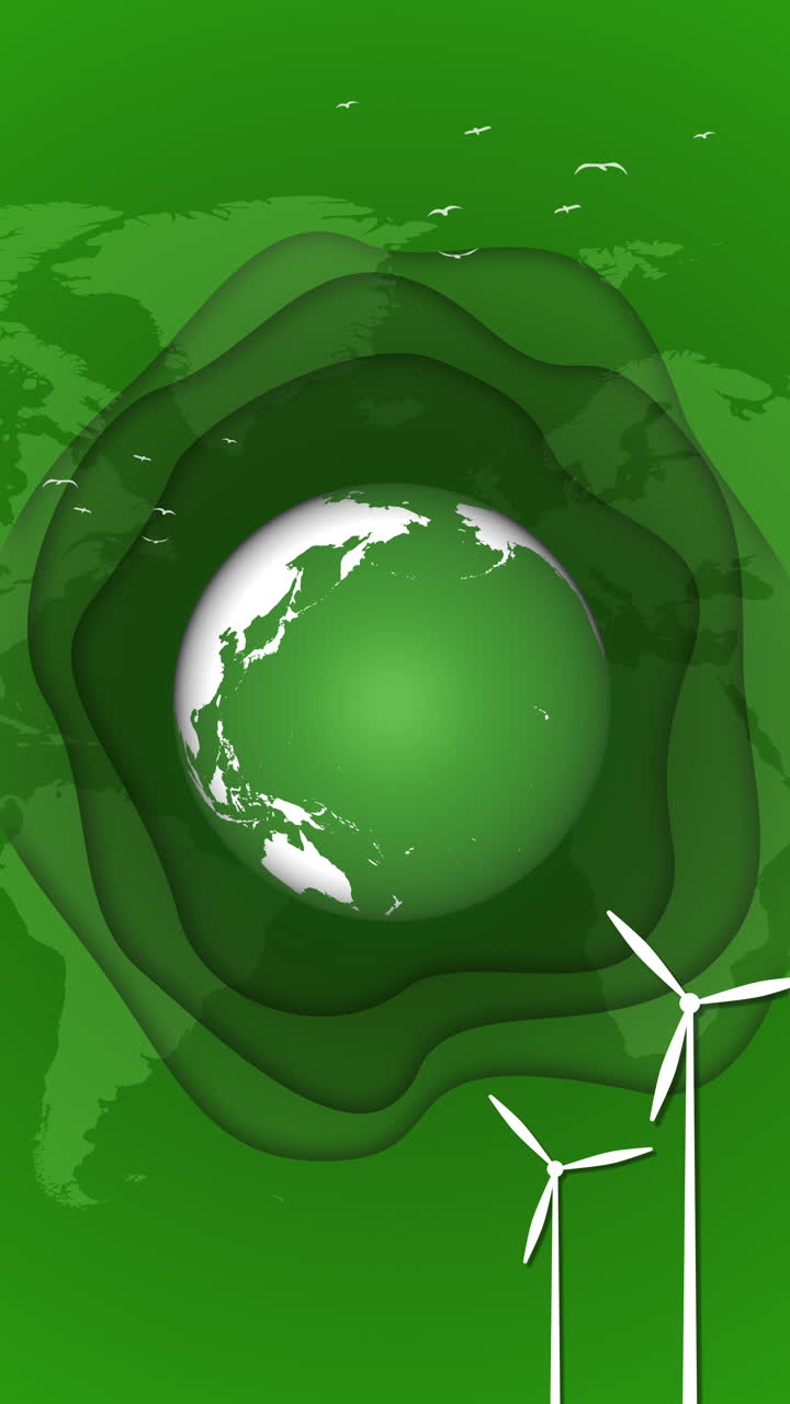 3D animation of planet Earth with windmills for energy production. Cut paper style. Green layered background with world map. Loop. Vertical video.